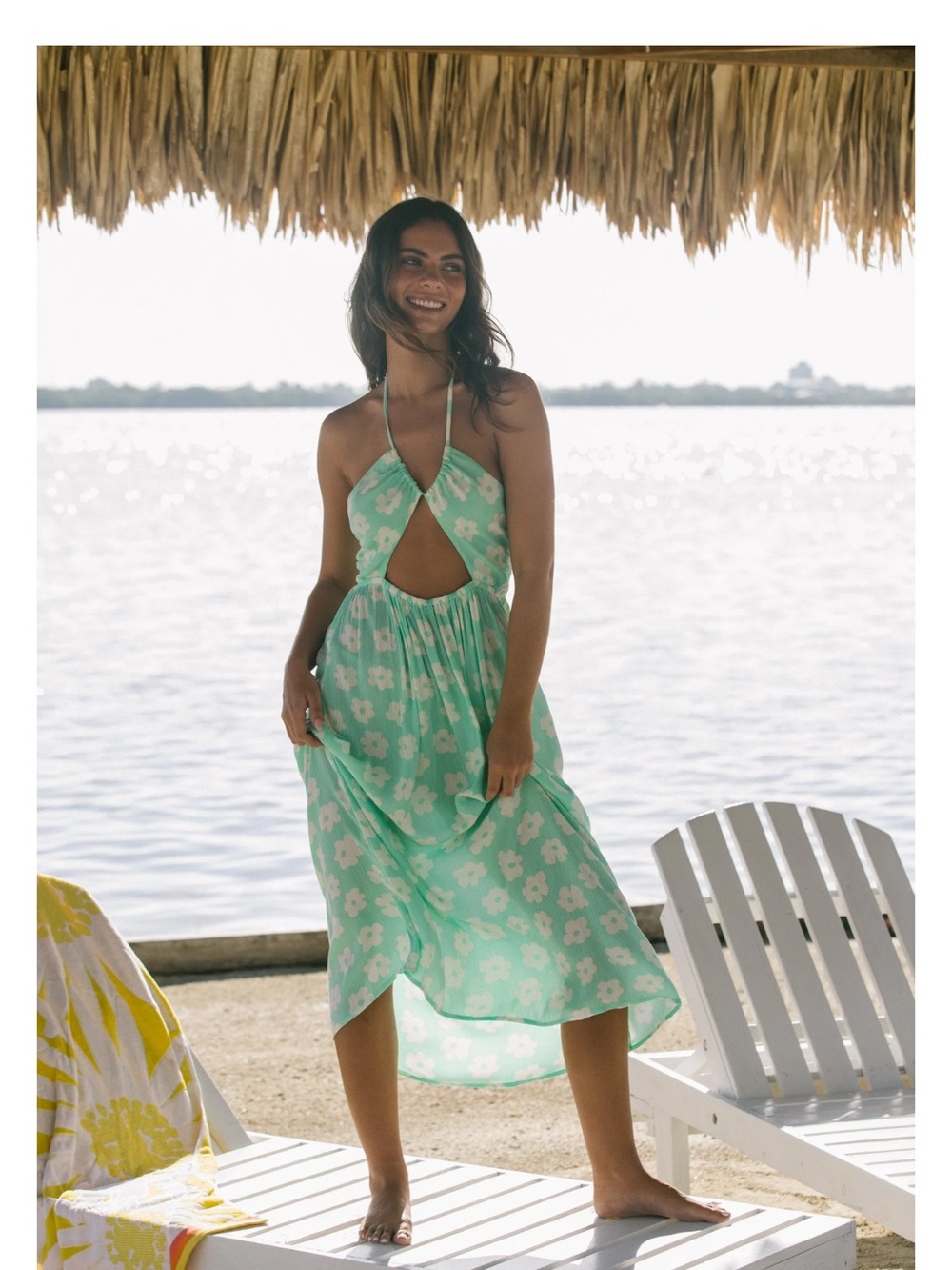 O'Neill Mint Green Floral Cutout Halter Midi Dress